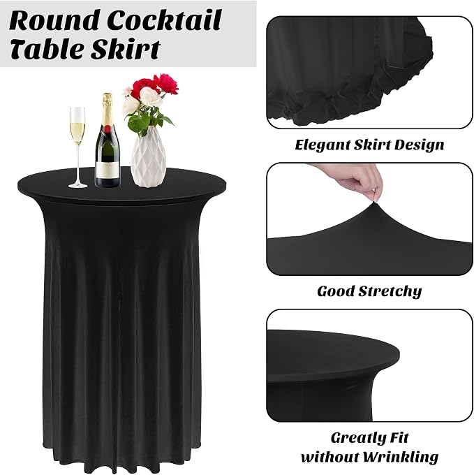 Kochorie 8 Pieces Cocktail Table Skirt Round Cocktail Table Covers 32 x 43 Inch Spandex Stretch High Top Table Cloth for Wedding Table Bar Banquet Party Supplies (Black)