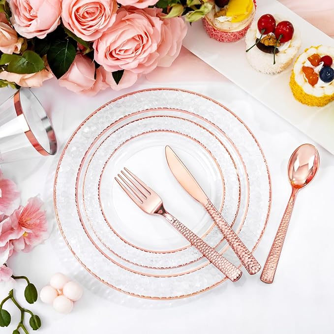 Ciaell 150PCS Rose Gold Plastic Plates – Disposable Plates with Rose Gold Plastic Silverware include 50Plates, 25Forks, 25Knives, 25Spoons, 25Cups for Wedding & Party