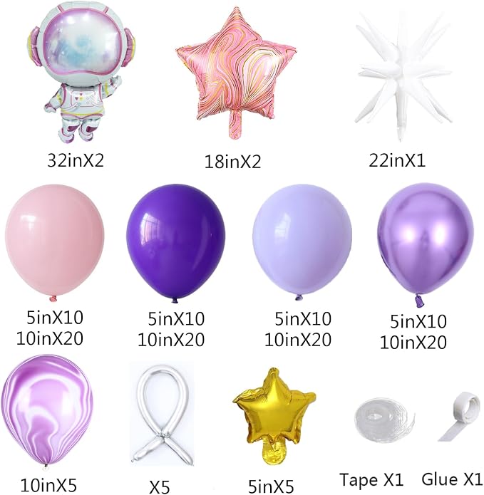 Outer Space Balloon Arch Garland Kit, 152Pcs Pink Purple Metallic Balloons with Astronaut Star Foil Balloons for Galaxy Birthday Astronaut Theme Baby Shower Party Decorations