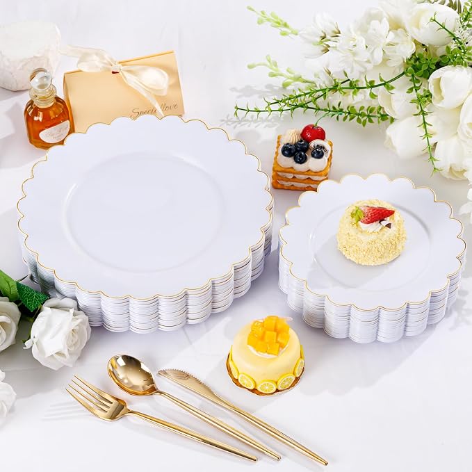 LIYH 60 Pcs White Plastic Plates with Gold Rim, Scalloped Disposable Combo Heavy-Duty Patriotic Plates Includes 30 Dessert Platos & 30 Dinner Platos for Birthday Wedding Party