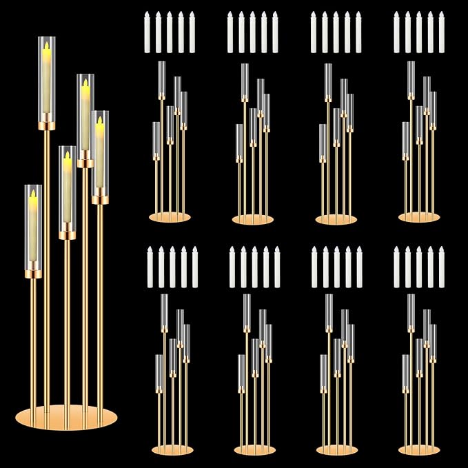 8 Pack Gold Candelabras Centerpieces, 42" 5-Arm Candle Holders for Tables | 8 centerpieces with 30 LED candles; gold finish; stable metal base; ideal for weddings parties