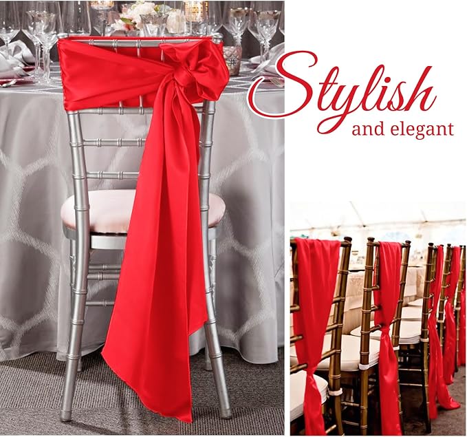 Pesonlook 120 PCS Red Satin Chair Sashes Bows,Satin Chair Sashes Universal Chair Cover for Wedding Reception Restaurant Event Decoration Banquet,Party,Hotel Event Decorations (7 x 108 inch)