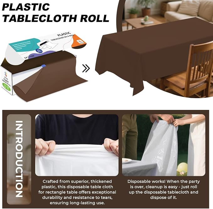 54IN X 160FT Plastic Table Cover Roll with Cutter Box, Cut to Size Plastic Table Cloths for Parties, Birthday, Disposable Tablecloth Roll for All Shape Tables (Brown, 54 Inch X 160 Feet)
