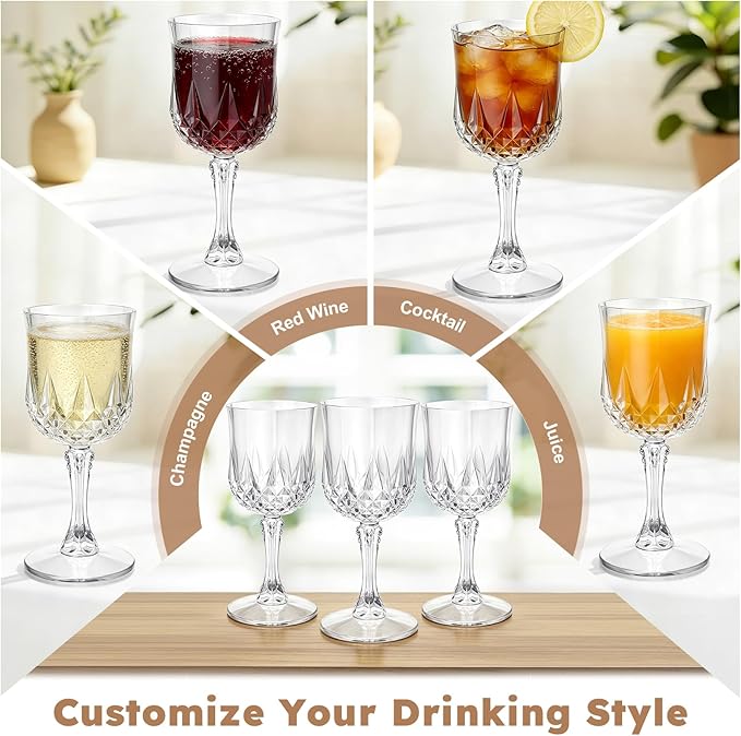 Plastic Wine Glasses, Disposable Plastic Goblets 7.1oz for Wedding Party Holiday, Unbreakable Wine Cups with Stem Vintage for Champagne Juice Cocktail (48pcs Transparent)