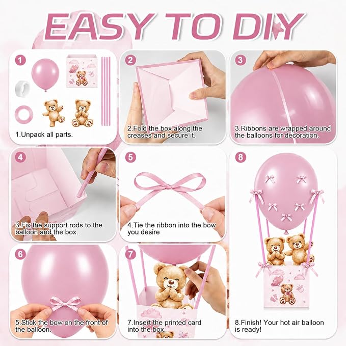 Cinrobiye 12 Sets Teddy Bear Baby Shower Centerpieces for Tables, Bear Favor Boxes with Balloons, Ribbons Paper Straws, DIY Table Decorations for Gender Reveal, Baby Shower, Birthday Party Supplies