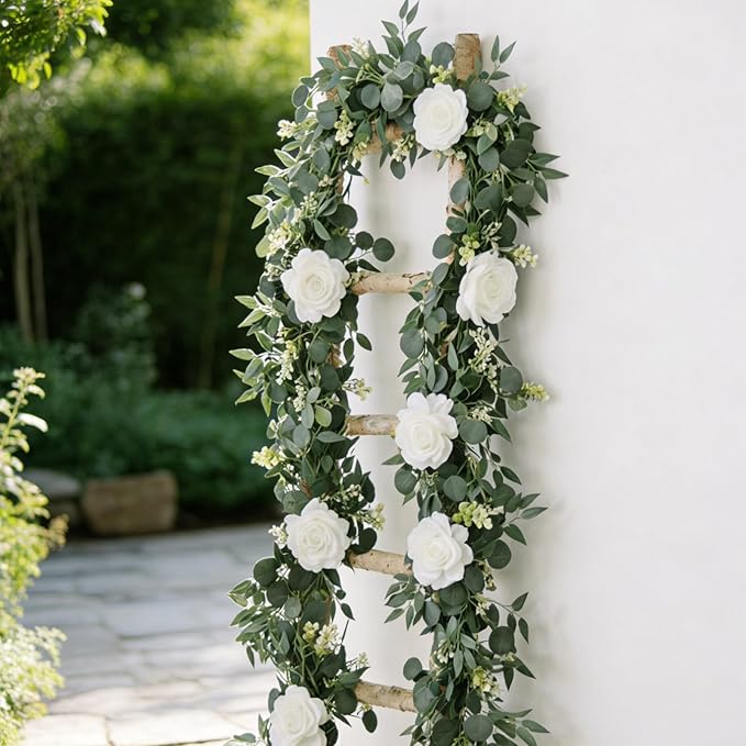 2 Pcs 5.9 Ft Artificial Eucalyptus Garland with Willow Leaves and Flowers Artificial Greenery Vines Fake Eucalyptus Flower Garland for Wedding Decoration Table Home Stairs Decor (2, White)