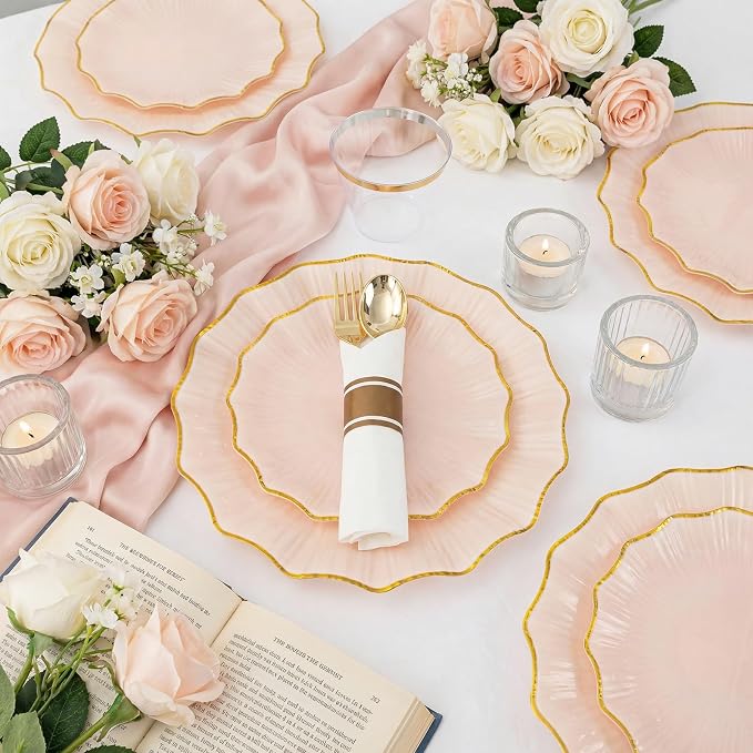 U-QE 175PCS Pink Gold Plastic Plates - Disposable Dinnerware Set for 50 Guests - Pink and Gold Plates and Napkins Party Supplies include 50 Plates, 25 Per Rolled Napkins with Gold Cutlery, 25 Cups