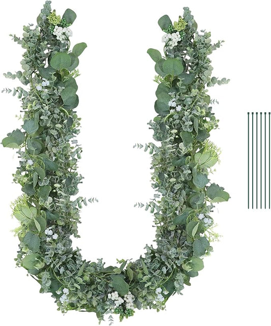 Eucalyptus Garland for Table, 6ft Faux Eucalyptus Garland with White Flowers & Seeds, 2pcs Artificial Eucalyptus Greenery Vines for Wedding Party Table Runner Backdrop Arch Mantle Handmade Wreaths