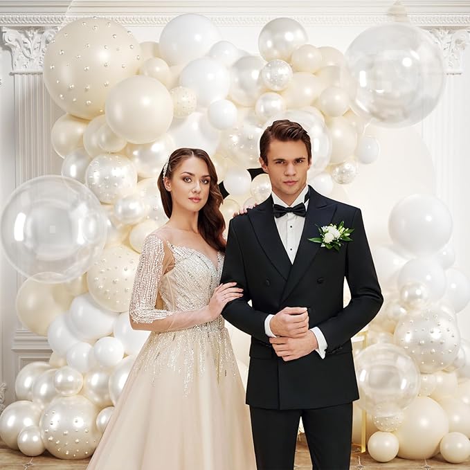 Pearl Balloon Arch Kit 210Pcs White Balloon Arch Garland Kit with Pearl Stickers Clear Balloons for Wedding Birthday Bridal Shower Engagement Baby Shower Party Decorations