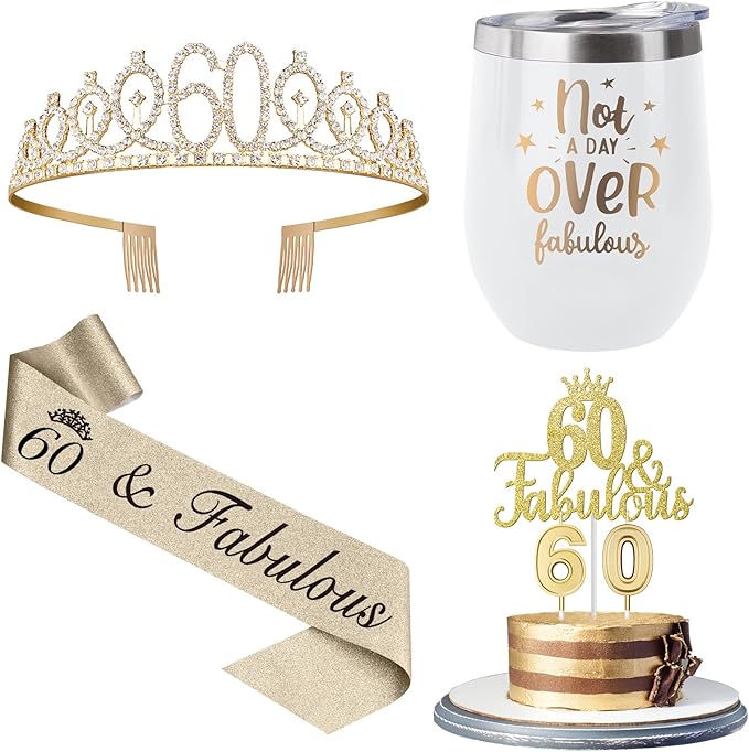 60th Birthday Decorations Gifts for Women with 12oz Coffee Wine Tumbler Mug, Birthday Crown, Sash, Cake Topper and Candles, 60 Year Old Gifts Idea