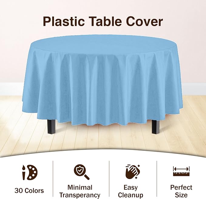 Party Solids Light Blue Round Tablecloths Plastic Table Cloth Disposable 48 Pack 84" Inch Round TableCloth Disposable Light Blue Tablecloths Plastic Tablecloth Indoor/Outdoor Tablecloth Party Supplies