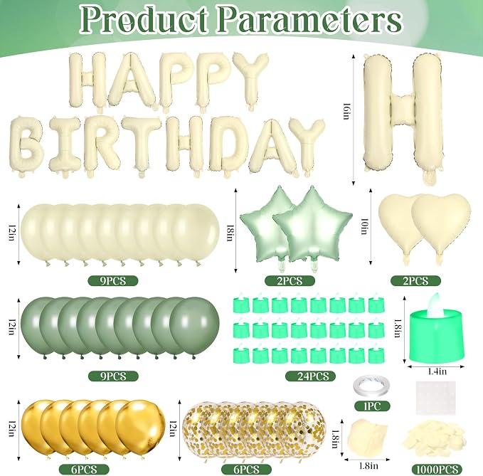 Sage Green Happy Birthday Balloons Decorations Beige Green Birthday Balloon Letters Banner with 4 Pcs Star Balloons Artificial Rose Petal 24 Flameless LED Candles for Room Hotel Party Decor Supplies
