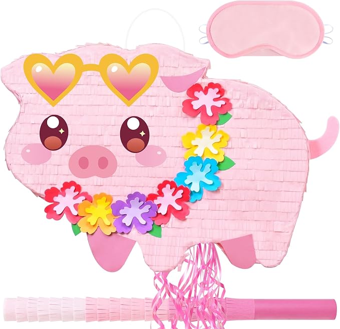 WERNNSAI Pig Piñata - Farm Party Decorations Hawaiian Pig Piñata with Blindfold and Stick for Summer Birthday Decorations Summer Tropical Birthday Party Luau Carnival Supplies