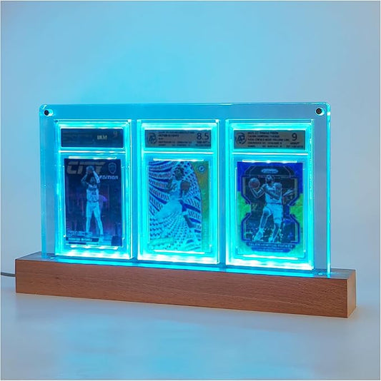 PSA 3 Graded Card Display Case with LED Lights - Magnetic Acrylic Graded Slab Holder for Baseball/Pokémon Cards, 7-Color Light Base & UV Protection