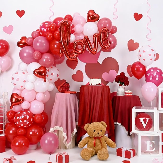 Valentines Day Balloons Arch Garland Kit, 126Pcs Red Pink Valentines Party Decorations with LOVE Red Heart Balloon for Galentines Anniversary Engagement Wedding Supplies
