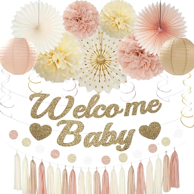 Champagne Gold Beige Baby Shower Party Decorations, Welcome Baby Banner, Paper Pompoms, Lanterns, Fans, Hanging Swirls, Circle Dots Garland Tassel Garland for Baby Shower Decorations 37pcs