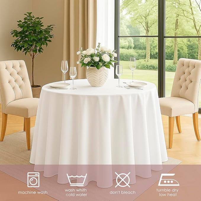 10 Pack 120 Inch White Round Tablecloth, Polyester Fabric Washable Table Cloth for Home, Party, Wedding or Restaurant Use.