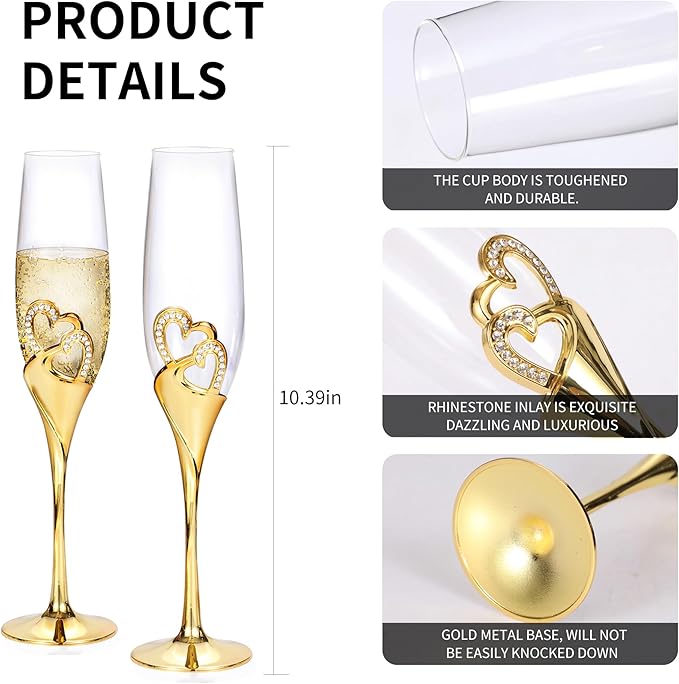4 Piece Champagne Flutes and Cake Knife Server Set, Bride & Groom Toasting Flutes with Cake Cutting Set, Diamond Champagne Glasses Set for Wedding Reception or Anniversary Party, House Warming, Gold