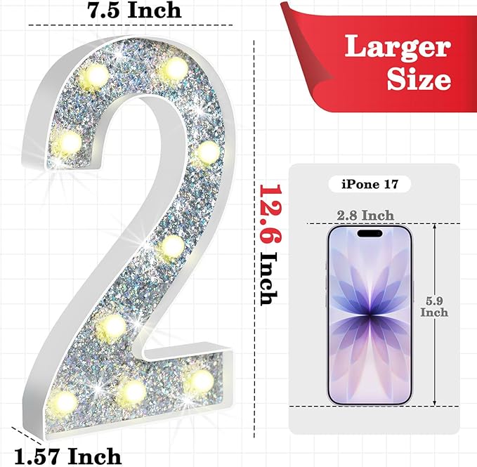 12.6 Inch LED Silver Marquee Light Up Numbers, 2nd Birthday Decorations Number Lights as Gifts for Girls Boys, Glitter Lighted Marquee Numbers for Silver Anniversary Party Table Decor, 2
