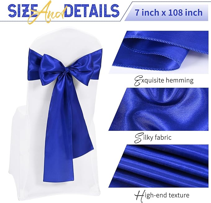 60 PCS Royal Blue Satin Chair Sashes, Ties Bows Designed Chairs Decorative, Chair Cover Sashes for Thanksgiving Wedding Christmas Banquet Party Home Kitchen Decoration (7 x 108 inch)