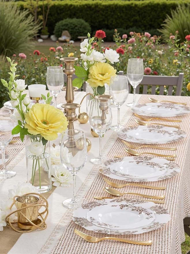 WDF 20PCS Brown Plastic Plates - Baroque White and Brown Floral Plates - Floral Party Decorations for Birthdays/Tea Party/Showers