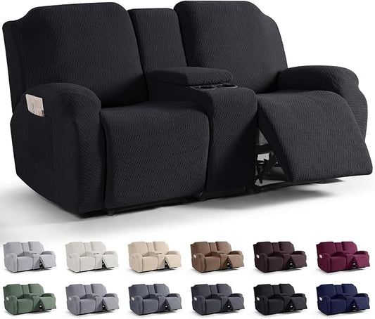 KinCam Loveseat Recliner Covers with Middle Console Slipcover, Recliner Sofa Covers 2 Seat Couch Cover Stripe Jacquard Furniture Protector Covers with Elastic Bottom for Kids, Pets (Black)