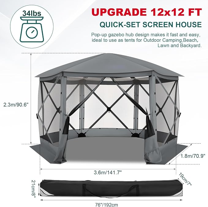 COBIZI 12x12 FT Pop Up Canopy Stargazing Tent, Gazebos On Clearance with Removable Roof,Instant Screened in Gazebo, Screen Tents Portable carpas para Patio for Outdoor Camping,Backyard, Garden, Gray
