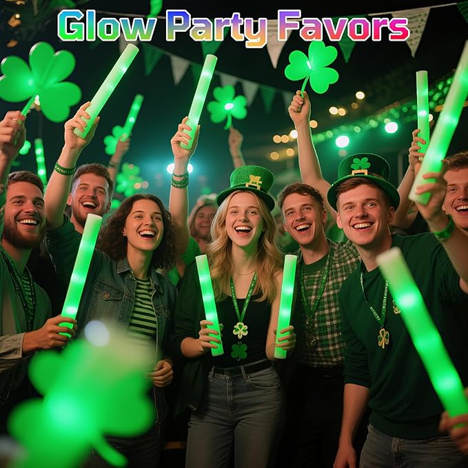Foam Glow Sticks Bulk, 40 Pack Green Light Up Foam Sticks 3 Modes Flashing, Glow Party Supplies for St. Patrick's Day,Mardi Gras, Raves, Carnival, Concert, Birthday, Christmas