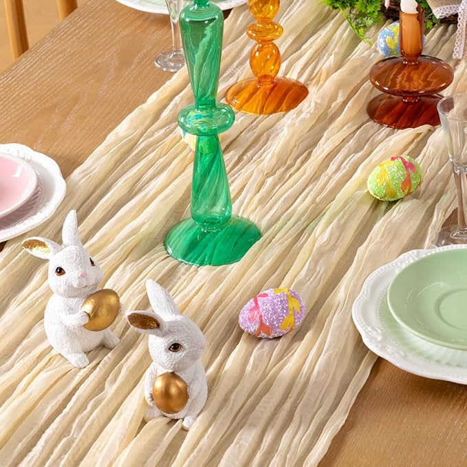 DeZerlor Beige Cheesecloth Table Runner Spring Easter Table Runner 120 Inches Boho Gauze Cream Cheese Cloth Table Decor for Wedding Bridal Baby Shower Parties