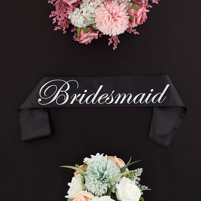 Ella Celebration Bridesmaid Double Layer Sash Set, Black Satin Bridal Shower Bachelorette Party Accessories Sashes (Bridesmaid, Set of 5)