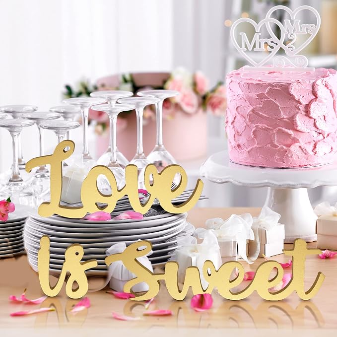 Love Is Sweet Table Decor Hollow Sign Wooden Love Is Sweet Sign for Dessert Table Freestanding Wood Is Wooden Letter Top for Wedding Shelf(Gold)