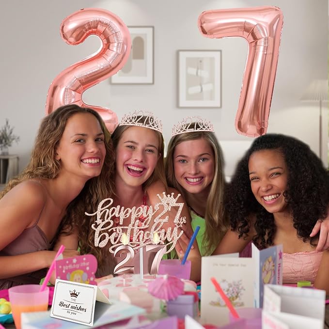 27th Birthday Decorations for Women, Include 27th Birthday Sash and Tiara, Cake Topper and Candles, Number Balloons, 27 Year Old Gifts for Women