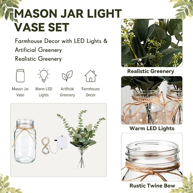 4 Sets Mason Jar Centerpiece with LED Lights and Pink Hydrangea Fake Flowers Vase for Wedding Bridal Shower Party Coffee Table Decor