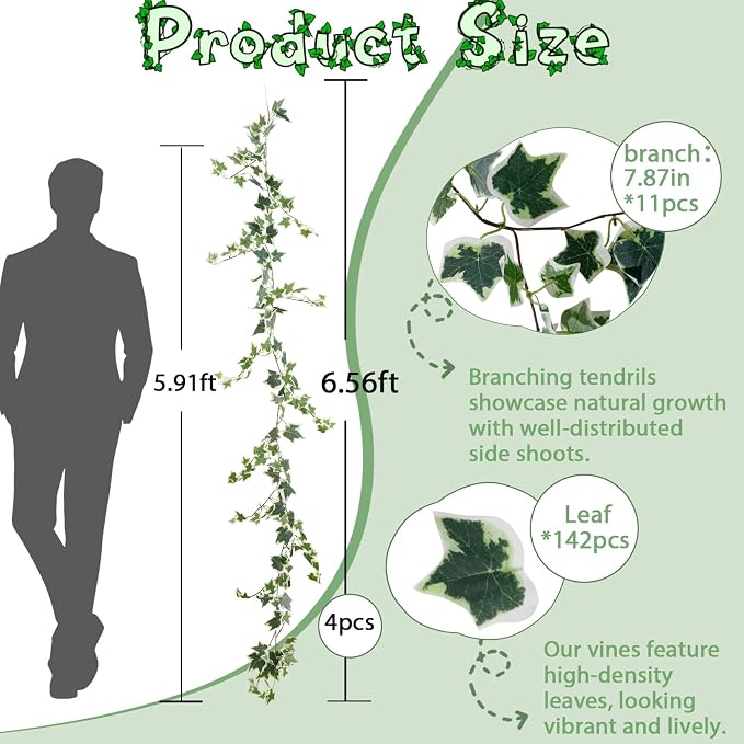 ucky Ivy Vines 71 Inch 4 Pcs Artificial Plant Silk Fake for Wall Hanging Decor Greenery Ceiling Decor Home Decor Outdoor Decor Wedding Decoration Vines Aesthetic Room Decor （White）
