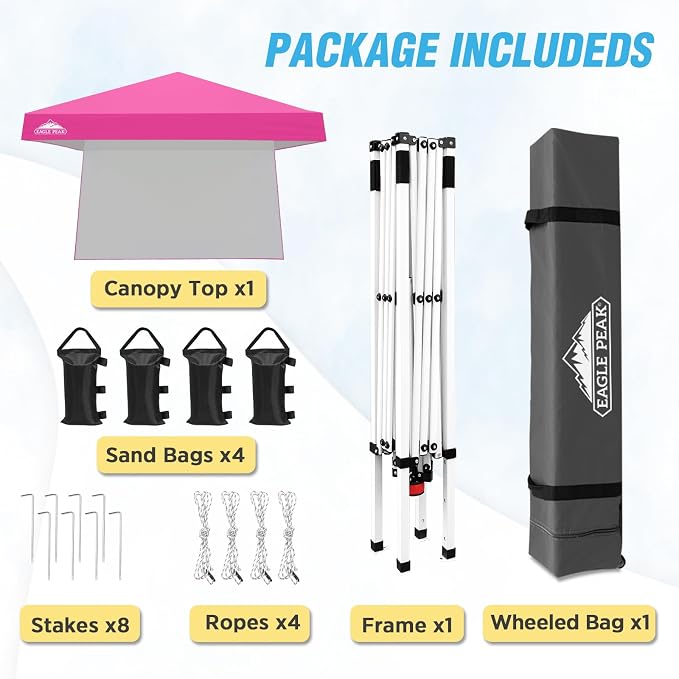EAGLE PEAK 10x10 Pop Up Canopy Tent with Sidewall, Compact, Portable Slant Leg Instant Sun Shelter for Beach, Sports, & Camping, 10x10 Base 8x8 Top, Pink