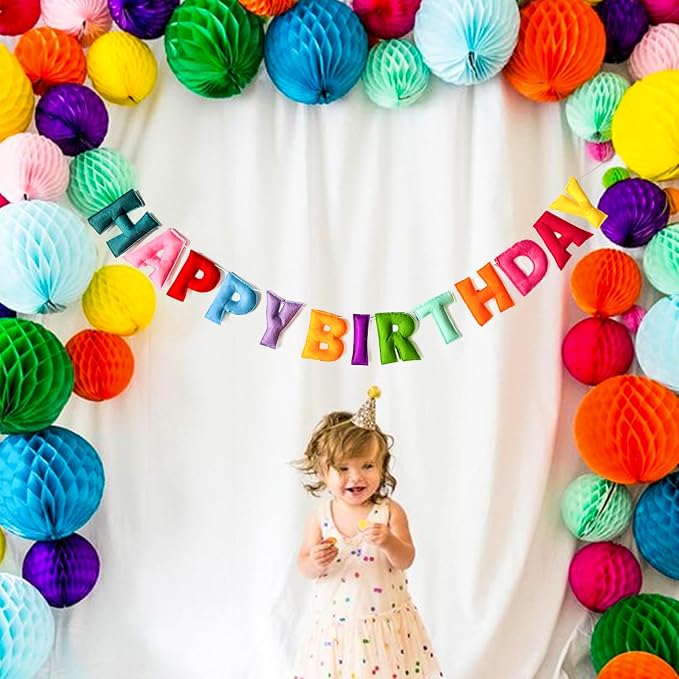 Pre-Strung Happy Birthday Banner - Felt Ball Garland, Rainbow Party Decorations, HAPPY BIRTHDAY Garland, Personalized Birthday Sign for Birthday Decor, Party Decor, Photo Prop (Colorful Happy Birthday Banner)