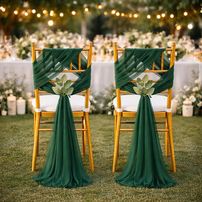 QueenDream Emerald Green Chair Sashes Wedding Aisle Decorations: 24 Packs 8ft Long Draping Fabric Sheer Church Chair Cover Bulk for Party Banquet