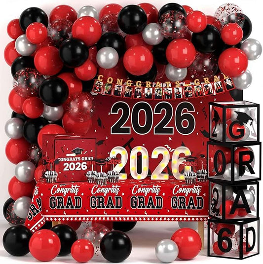 Lunmon 114 Pcs Graduation Decorations Class of 2026 Include Grad Backdrop Balloons Photo Banner Graduation Card Box Holder Balloon Boxes Cake Toppers Light up Numbers 2026 Tablecloth(Black, Red)