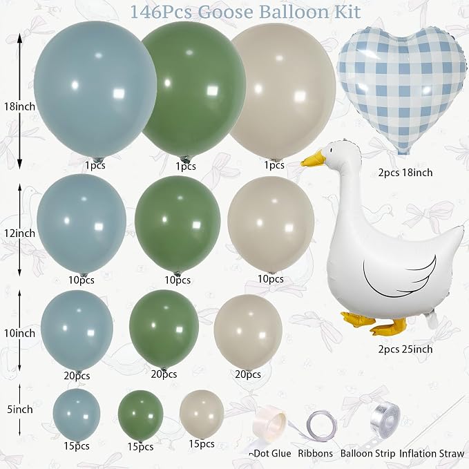 One Silly Goose Balloon Arch Kit – Sage Green Dusty Blue Balloon Garland with Goose gingham heart balloons, Vintage Goose Baby Shower Decorations, Boy or Girl Birthday Party Decor (146PCS)