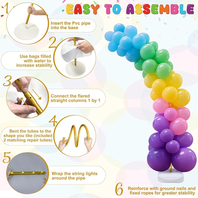 OurWarm Balloon Arch Kit with LED Lights, 9.35FT & 6FT Free Bending Half Balloon Arch Stand with Base, Gold Backdrop Stand for Wedding Birthday Party Baby Shower Yard Lawn Graduation Decorations