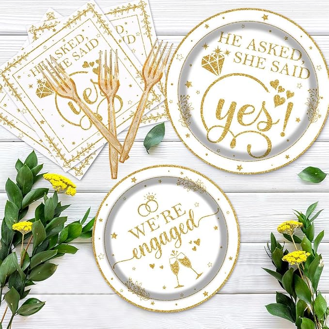 Happy Engagement Party Tableware Set 96 Pcs Engagement Disposable Plates Napkins Forks She Said Yes Wedding Bridal Shower Decorations Serve 24 Guests