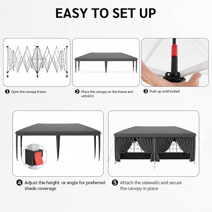 10x20 FT Portable Pop Up Canopy Tent, Adjustable Height Instant Gazebo with Sidewalls, Sandbags,Outdoor Canopy for Camping, Parties, Vendor Events (Grey with Reflective Strip, 3m × 6m with sidewalls)