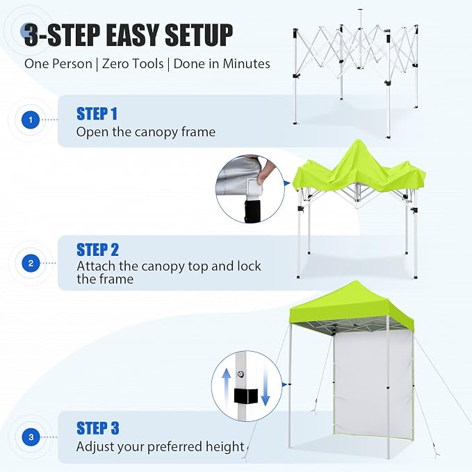 EAGLE PEAK Pop up Canopy 5x5, Outdoor Portable Canopy Tent with One Removable Sunwall, Carry Bag Included, Neon Green