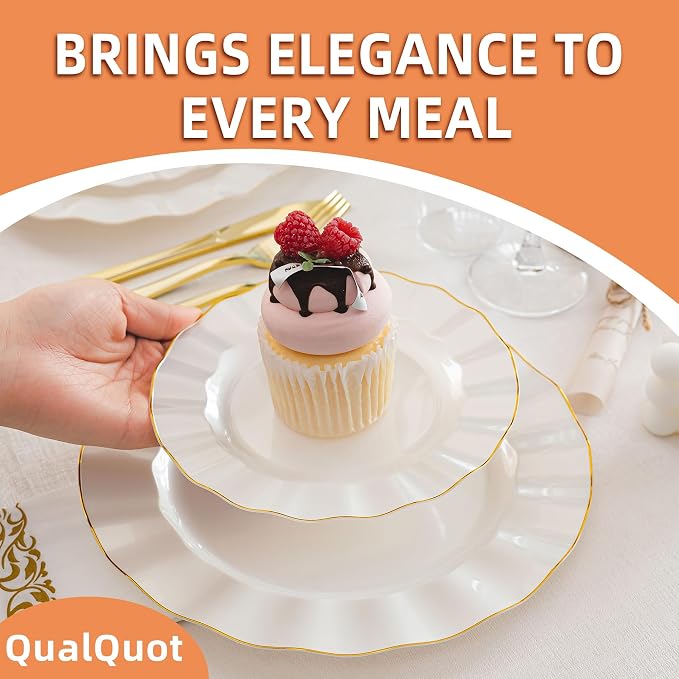 175PCS Gold and White Plastic Dinnerware Set, Plastic Party Plates for 25 Guests, 50 Disposable Plates, 25 Heavy Duty Silverware, 25 Cups, 25 Napkins for Party and Wedding