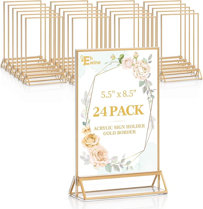 EHWINE 24 Pack Acrylic Sign Holder 5.5 x 8.5, Double Sided Gold Picture Frame Stand up Table Top Sign Holders, Clear Display Stand Menu Flyer Holder for Wedding Party