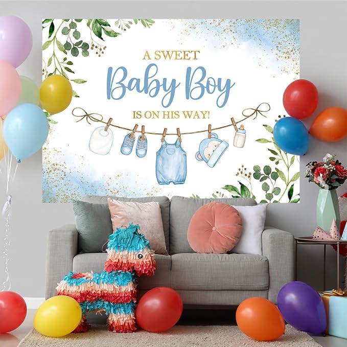 7x5ft Cute Clothes Baby Shower Backdrop for Boys a Sweet Baby Boy is on The Way Newborn Kids Blue Leaves Gold Dots Baby Shower Party Decorations Banner Supplies Photo Booth Props