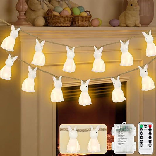 YIQU Easter Decoration String Lights, 10FT 12LED Indoor Bunny Mantel Garland Battery Operated with Remote Timer 8 Modes, Hemp Rope Banner for Fireplace Table Wall Spring Party Indoor Outdoor Decor