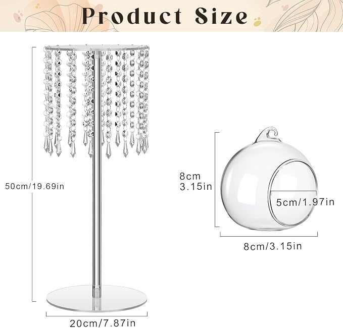 Yerliker 6 Sets 19.69 Inch Acrylic Wedding Centerpiece Flower Stand with Hanging Glass Tealight Globe Candle Holders Crystal Tall Flowers Vase for Birthday Wedding Party Table Decoration