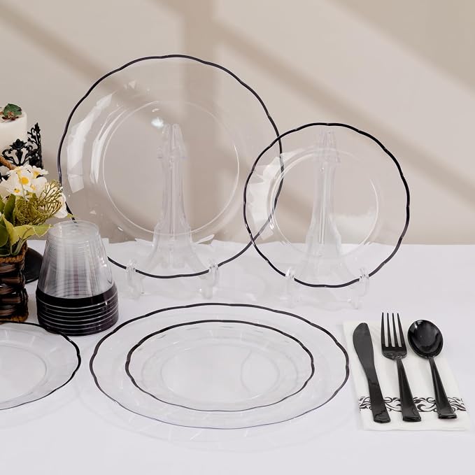 LIYH 350 Pcs Clear and Black Plastic Dinnerware Set for 50 Guests | Includes Plates, Cups, Napkins, and Disposable Cutlery - Elegant Clear & Black Design, Perfect for Parties,Halloween
