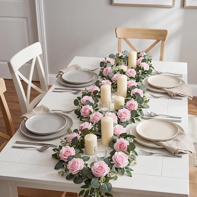 AuroraAria Pink Flower Garland, 2 Pack Total 11.6FT Artificial Eucalyptus Garland with Roses, Floral Greenery Garland for Wedding Arch, Spring Home Decor